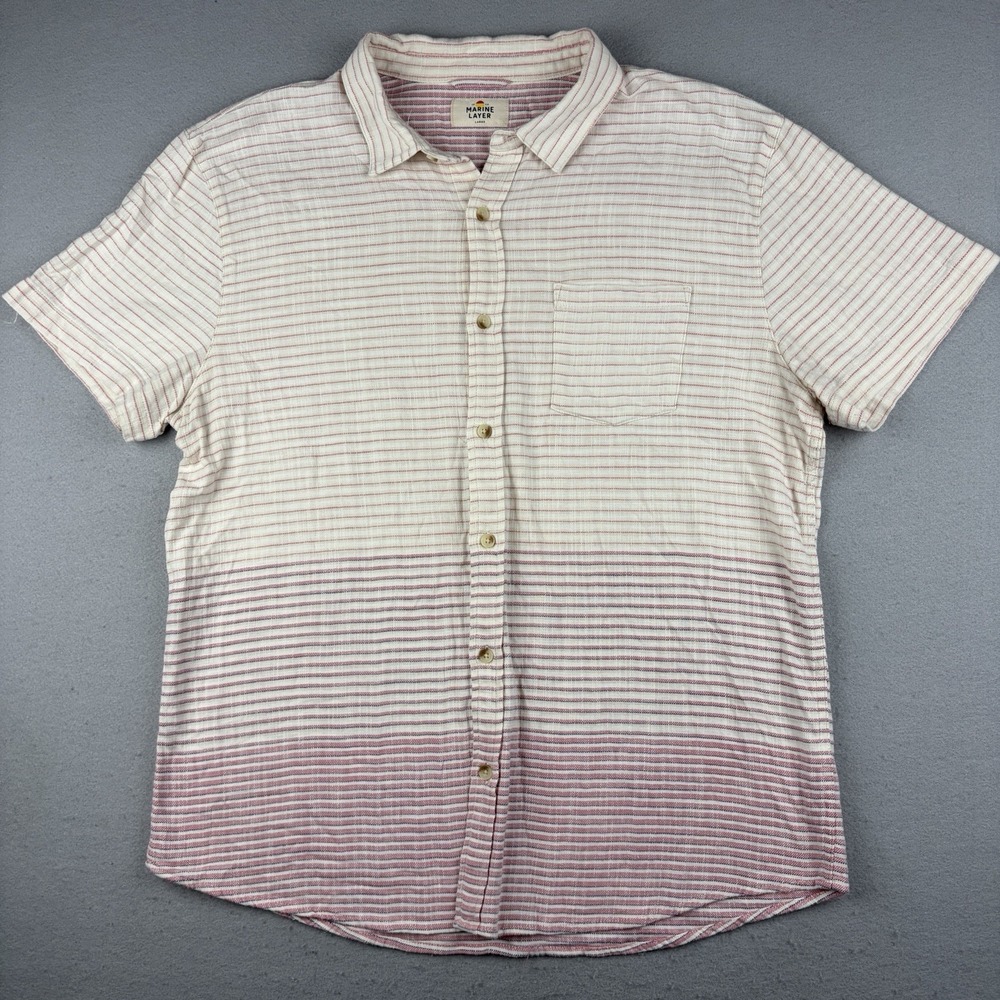 Marine Layer Striped Short Sleeve Button Up Shirt Cream Red Men's Large